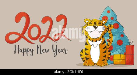 Symbol of 2022. Vector card with a tiger in hand draw style. New Year. Lettering 2022. Bright illustration Stock Vector
