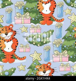 Seamless pastel pattern for year of the tiger 2022. Pattern in hand draw style. Tiger, Christmas tree, gifts, Christmas tree decorations Stock Vector