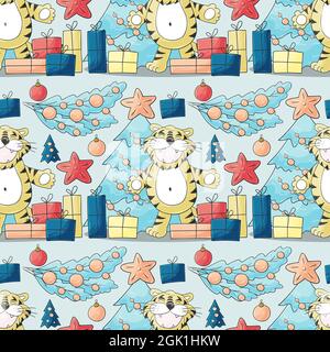 Seamless pastel pattern for year of the tiger 2022. Pattern. Tiger, Christmas tree, gifts, Christmas tree decorations. Can be used for wrapping and et Stock Vector