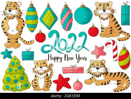 Symbol of 2022. Set of tigers and new year elements in hand draw style. Collection of Bright illustrations Stock Vector