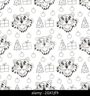 Seamless vector pattern with the heads of tigers in Christmas hats, Christmas trees. Pattern. Year of the tiger 2022. Can be used for Coloring and etc Stock Vector