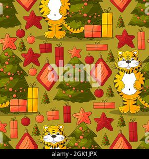 Bright Seamless pattern for year of the tiger 2022. Tiger, Christmas tree, gifts, Christmas tree decorations. Can be used for fabric, packaging, paper Stock Vector
