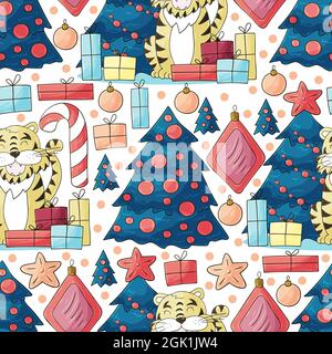 Seamless pastel pattern for year of the tiger 2022. Pattern. Tiger, Christmas tree, gifts, candy cane. Can be used for fabric, packaging, wrapping pap Stock Vector