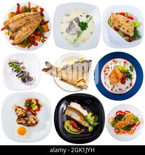 Different dishes with fish served at plates isolated on white background Stock Photo