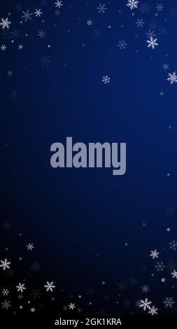 Sparse snowfall Christmas background. Subtle flying snow flakes and stars on dark blue background. Admirable winter silver snowflake overlay template. Stock Vector