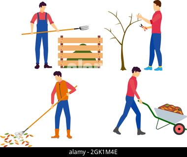 People working in garden in autumn cartoon flat vector illustration Stock Vector