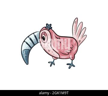 Illustration of a cute pink toucan with a large blue-gray beak with a flower on its head on a white isolated background.  Stock Photo