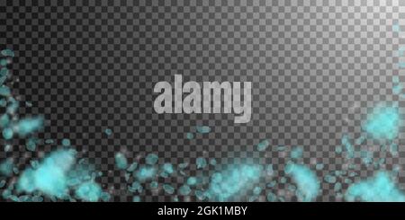Turquoise flower petals falling down. Breathtaking romantic flowers falling rain. Flying petal on transparent wide background. Love, romance concept. Stock Vector