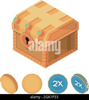 vector isometric ancient chest box and coin, game ui  Stock Vector