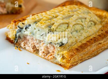 Traditional salmon in puff pastry Stock Photo