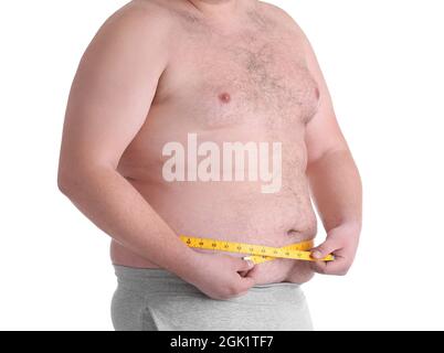 Man, body or measuring tape on waist on studio background for weight loss  management, fat control