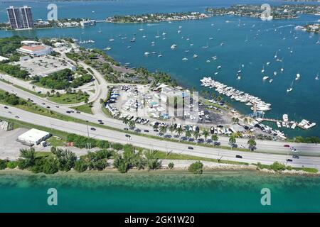 Aerial view of marina on Watson Island in Miami, Florida on clear sunny summer afternoon. Stock Photo