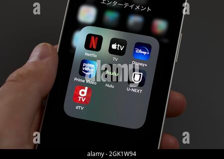 Tokyo. 3rd Sep, 2021. The logos of mobile entertainment streaming apps Netflix, Apple TV, Disney , Amazon Prime Video, Hulu, U-NEXT and dTV, are displayed on a screen in Tokyo, September 3, 2021. Credit: Shingo Tosha/AFLO/Alamy Live News