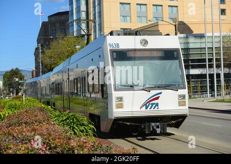 Santa Clara Valley Transportation Authority VTA Light Rail at Convention Center Station in downtown San Jose, California CA, USA. Stock Photo