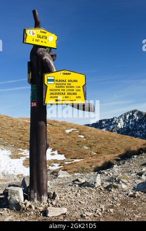 autumnal view from rohace mountains with guidepost - zapadni vysoke tatry - western high tatra mountains- Slovakia Stock Photo