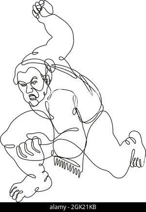 Continuous line drawing illustration of a sumo wrestler or rikishi in fighting stance front view done in mono line or doodle style in black and white Stock Vector