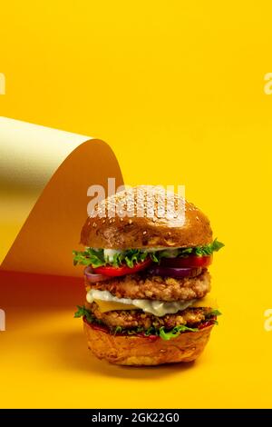 Big burger with with double chicken cutlet Stock Photo