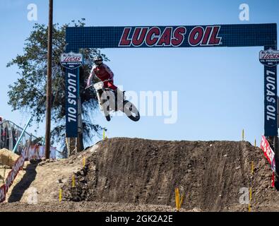 September 11 2021 Rancho Cordova, CA USA Husqvarna factory rider RJ Hampshire gets big air in section 32 during the Lucas Oil Pro Motocross Hangtown Classic 250 Class moto # 1 at Hangtown Rancho Cordova, CA Thurman James/CSM Stock Photo