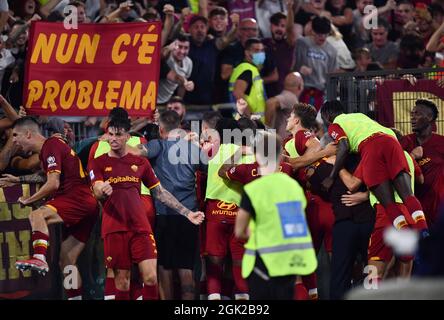 Rome, Italy. 12th Sep, 2021. Roma's players celebrate during a Serie A football match between Roma and Sassuolo in Rome, Italy, on Sept. 12, 2021. Credit: Jin Mamengni/Xinhua/Alamy Live News Stock Photo