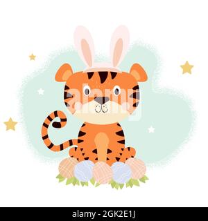 card with a cute tiger. Tiger with Easter bunny ears sits in Easter eggs. 2022 - Year of the Tiger in Chinese or oriental. Vector illustration for chi Stock Vector