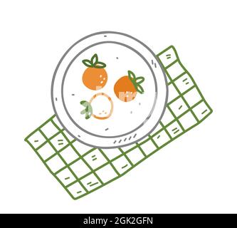 Plate with persimmon on a green checkered tablecloth in doodle style. Hand-drawn vector illustration isolated on white background. Perfect for cards Stock Vector