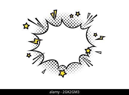 Comic boom speech bubble with lightnings, stars and halftone. Puff shape for surprising and explosive events. Vector illustartion isolated in white Stock Vector