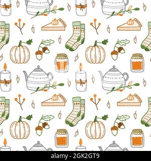 Seamless pattern with autumn elements - pumpkins, acorns, warm socks, candles, cute teapot, pumpkin pie, a jar of jam. Vector illustration in doodle style. Perfect for holiday designs, wrapping paper Stock Vector