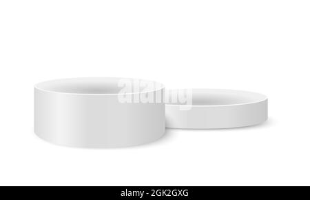 Round cardboard box with removed lying lid mockup. Opened white circular package isolated on white background. Container for hat, gift, cosmetics, cookies. Vector realistic illustration. Stock Vector