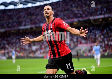 Milan, Italy. 12th Sep, 2021. AC Milan's Zlatan Ibrahimovic celebrates his goal during a Serie A football match between AC Milan and Lazio in Milan, Italy, on Sept. 12, 2021. Credit: Str/Xinhua/Alamy Live News Stock Photo