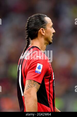 Milan, Italy. 12th Sep, 2021. AC Milan's Zlatan Ibrahimovic reacts during a Serie A football match between AC Milan and Lazio in Milan, Italy, on Sept. 12, 2021. Credit: Str/Xinhua/Alamy Live News Stock Photo
