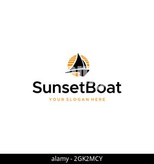 minimalist SunsetBoat boat sunset logo design Stock Vector
