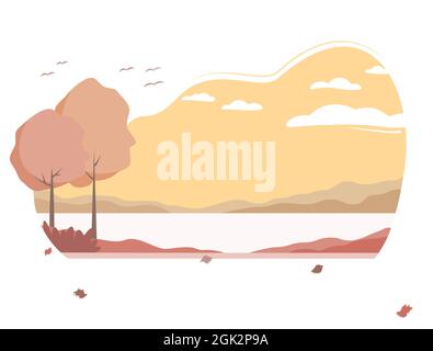 Autumn landscape with trees, lake and mountains. Background in orange colours. Park and nature Stock Vector