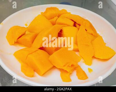 Close up shot of mango slices ate at Las Vegas, Nevada Stock Photo