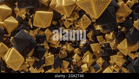 Gold and black geometric shapes, octahedron. For logo and title placement, event, concert,presentation,site. Abstract 4K background