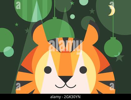 Banner with tiger and Christmas decorations. Holiday postcard design in flat style. Stock Vector