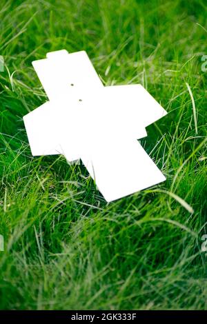 mock-up template white unfolded box for textile accessories with place for label on green grass of lawn sunny day , with copy space Stock Photo