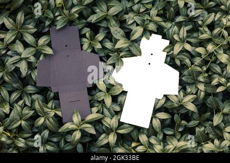 top view of two black and white empty unfolded box for accessories for sewing tags for clothes on background of periwinkle leaves, with copy space Stock Photo