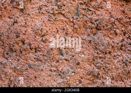 Pale orange plaster on exterior cement wall with small stones. Background snd Wallpaper textured picture. top view. Paints and varnishes. Nobody. Copy Stock Photo