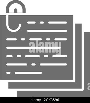 Stack of notes, documents with paperclip, recipe, text grey icon. Stock Vector