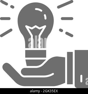 Light bulb in hand, idea generation, creative grey icon. Stock Vector