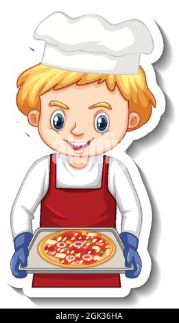 Sticker design with chef boy holding pizza tray illustration Stock Vector