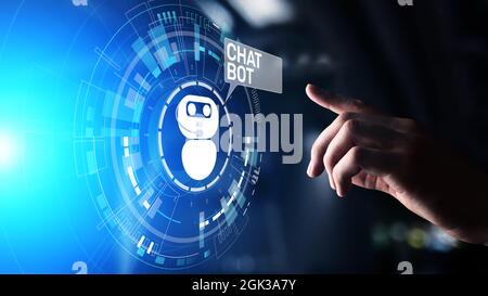 Chatbot computer program designed for conversation with human users over the Internet. Support and customer service automation technology concept. Stock Photo