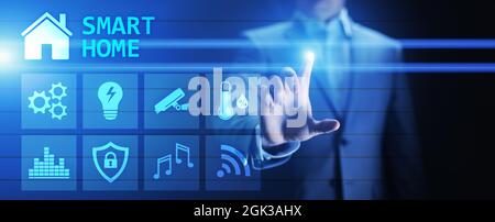 Smart home control panel on virtual screen. Internet of things, IOT, process automation concept. Stock Photo