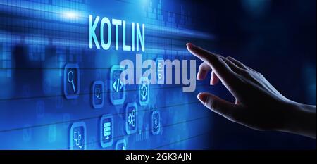 Kotlin programming language mobile application software development concept on screen. Stock Photo