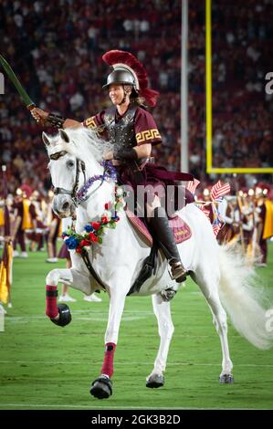 The Southern California Trojan mascot Sprit the Horse and rider on the field before an NCAA football game against the Stanford Cardinal. The Cardinal Stock Photo