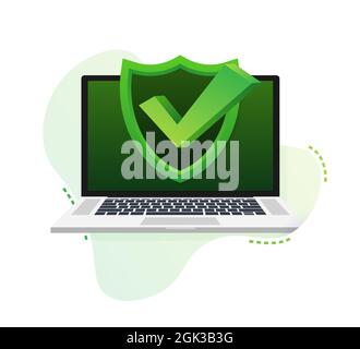 Laptop with checkmark or tick notification in bubble pattern. Approved choice. Accept or approve checkmark. Vector illustration. Stock Vector