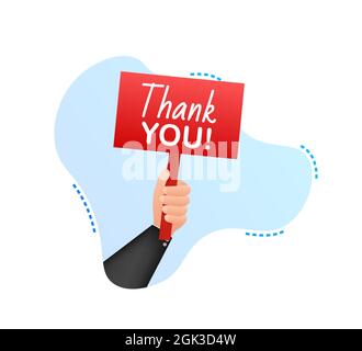 Thank you. Cartoon poster with hand holding placard for banner design. Banner, Billboard design. Vector stock illustration. Stock Vector