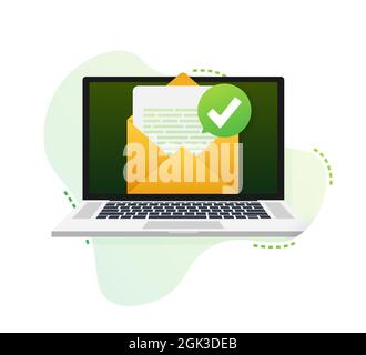 Opened envelope and document with green check mark. Verification email. Vector illustration. Stock Vector