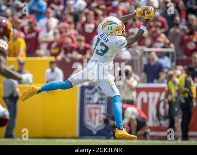 September 12, 2021: Los Angeles Chargers defensive end Joey Bosa (97)  stretches before the NFL regular season game between the Los Angeles  Chargers and the Washington Football Team at FedEx Field in