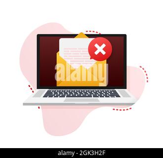 Opened envelope and document with red cross mark. Verification email. Vector illustration. Stock Vector